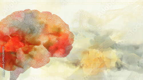  An abstract brain illustration with dual-tone design, representing cognitive functions artistically. STEM education sheets, lab safety posters, designed for biotech research communications.