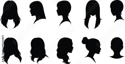Full black woman head silhouette vector set, female profile faces with different hairstyles, fashion beauty design illustration for identity, avatar, logo, hairstyle, and cosmetic art