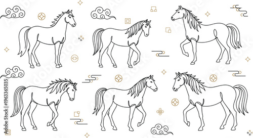 Hand Drawn Horse Illustration Set with Elegant Line Art Stallions in Various Poses, Decorative Elements, and Minimal Rustic Farm Style Design