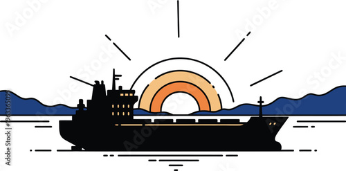 Cargo vessel silhouette sails toward the rising sun over ocean waves in a stylized graphic.