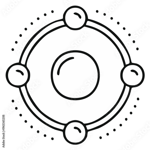 Abstract Circle Structure with Connected Spheres and Orbit, Outline Style Illustration