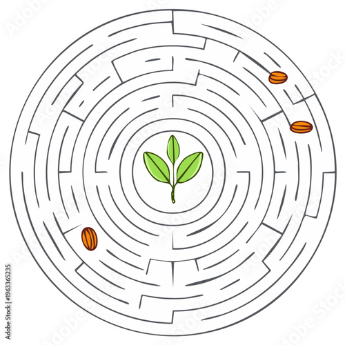 Illustration of a circular maze puzzle with a plant in the center, challenges