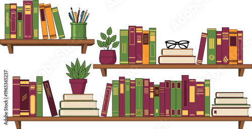 Colorful bookshelves with books plants pencils and glasses on white background bookshelf