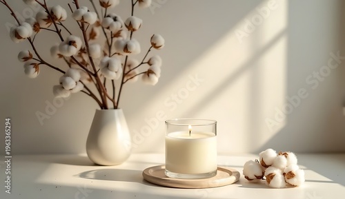 Cozy home atmosphere concept with burning candle and soft cotton branch.