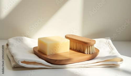 Sustainable bathroom accessories with organic soap bars and wooden brushes, zero waste concept.
