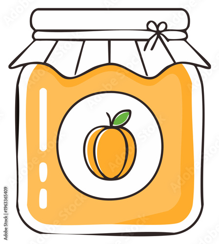 Cute hand-drawn illustration of a jar of homemade apricot jam or peach preserves with a fruit label