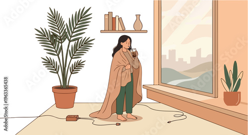 Woman standing by window with iced coffee and blanket
