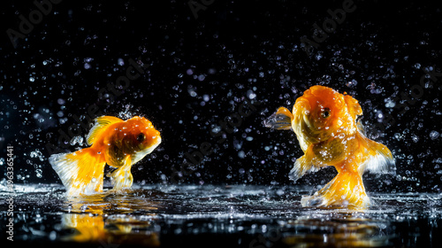 A vibrant goldfish mid-leap, frozen in time against a dark aquatic backdrop with sparkling droplets. wildlife magazines.