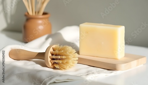 Sustainable bathroom accessories with organic soap bars and wooden brushes, zero waste concept.