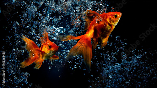 A vibrant goldfish mid-leap, frozen in time against a dark aquatic backdrop with sparkling droplets. wildlife magazines.