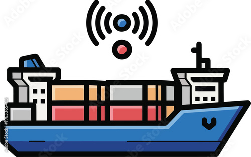 Container ship is depicted transmitting data via wireless signals above its cargo, symbolizing maritime tracking technology.