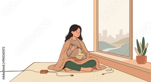 Woman wrapped in blanket eating noodles by window