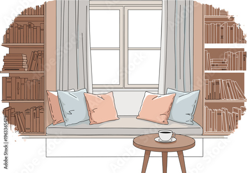 Cozy reading nook with cushions and bookshelves by window cup of coffee