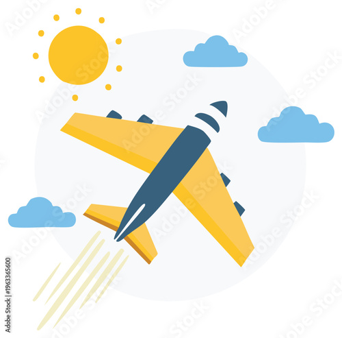 A yellow airplane with blue accents soars through a bright sky with sun and clouds