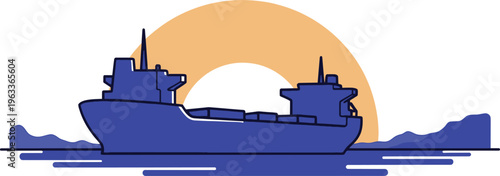 Silhouette of a massive blue cargo vessel sailing against a bright orange setting or rising sun.