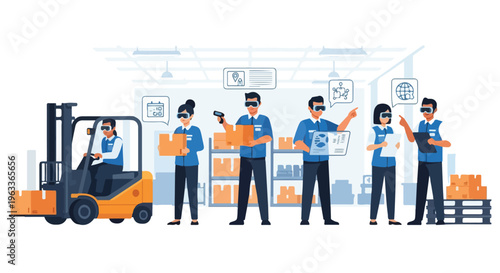 Warehouse workers using VR/AR headsets for smart logistics, inventory management, and digital transformation. Industry 4.0 innovation in modern factory operations.