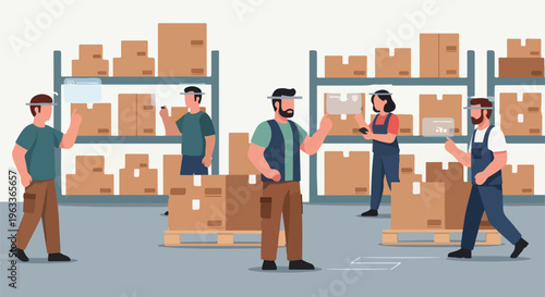 Warehouse team managing inventory and logistics. Workers handling cardboard boxes on shelves and pallets in a modern distribution center.