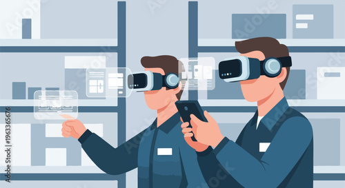 Warehouse workers leveraging virtual reality technology for modern inventory management and efficient logistics operations, showcasing future industrial innovation.