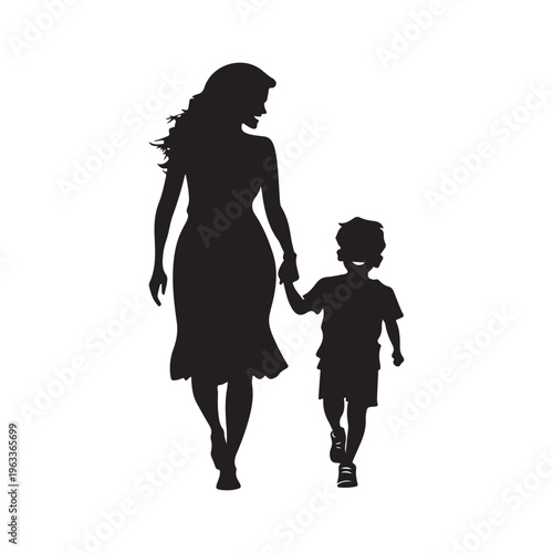 Mom and son walk forward holding hands. Mother-son relationship, trust. Isolated vector silhouette