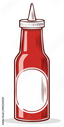 Red squeeze bottle vector cartoon style illustration for condiments with customizable blank label design