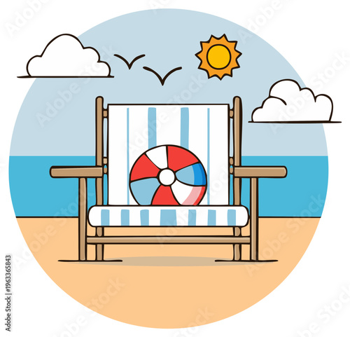 Beach chair with striped cushion and ball on sandy shore with ocean and sun