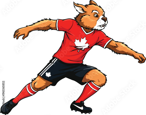 A cartoon illustration of an athletic boy soccer player in action running to kick a football goal during a team sports competition vector drawing