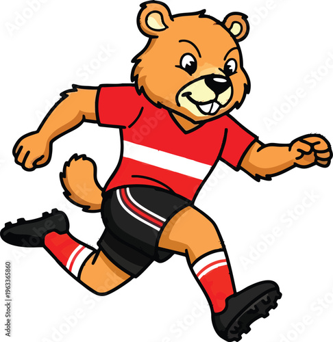 A cute cartoon teddy bear character acts as a fun sports player, running with a football and soccer ball in a vibrant vector illustration design perfect for a kid's comic game