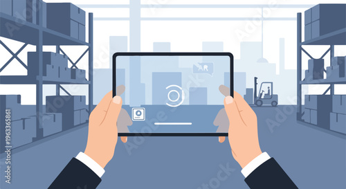Hands holding a tablet computer displaying augmented reality interface in a warehouse with shelves and boxes