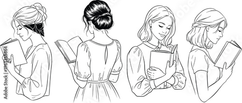 Four women reading books in different hairstyles and poses line black and white