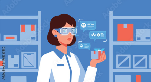 Woman in augmented reality glasses in warehouse, analyzing package with futuristic interface, technology and logistics