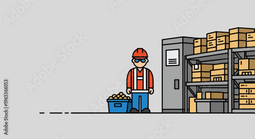 Warehouse worker in uniform and hard hat standing next to shelves with boxes and a blue bucket of items