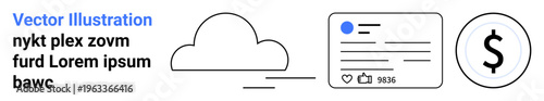 Digital services, online transactions, cloud computing, data sharing, social media interaction, e-commerce. Image includes a cloud, profile interface and dollar symbol. Cloud computing and online
