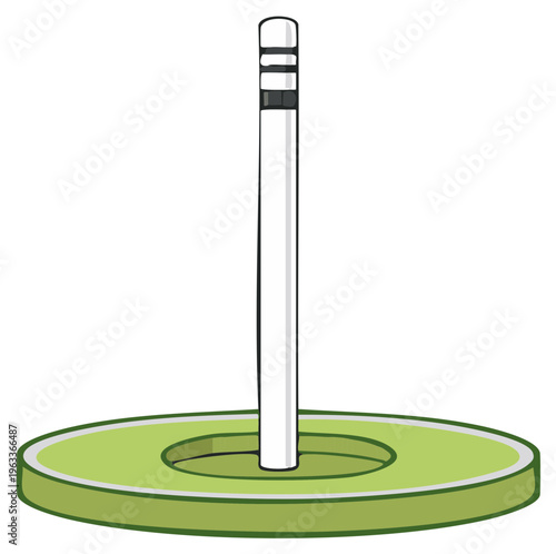 Cartoonish white bollard on green disk, isolated graphic road safety element, pedestrian street marker, urban architecture design, vector illustration