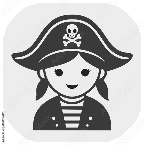 Cartoon Pirate Girl with Skull and Crossbones Hat, Cute Smiling Avatar Icon