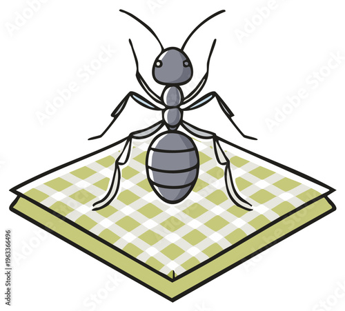 Cartoon ant standing on a green checkered picnic blanket illustration