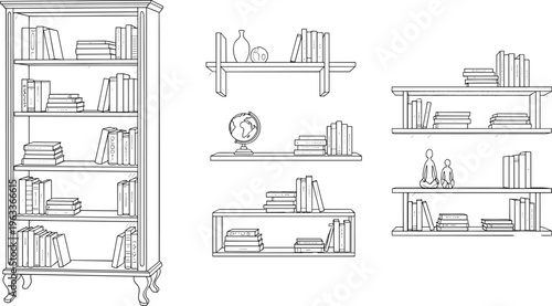 Line of bookshelves with books and decorative line library study reading