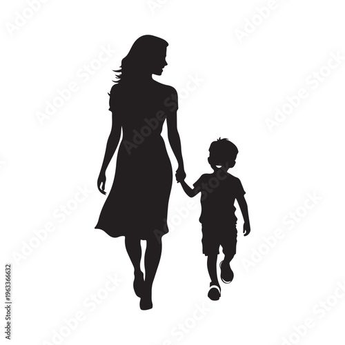 Mom and son walk forward holding hands. Mother-son relationship, trust. Isolated vector silhouette