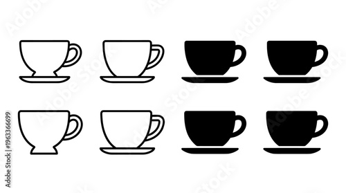 Coffee cup icon in outline and solid styles. Suitable for cafe and restaurant menus, coffee shops, beverage apps, breakfast concepts, kitchen interfaces, food services, and modern UI design.