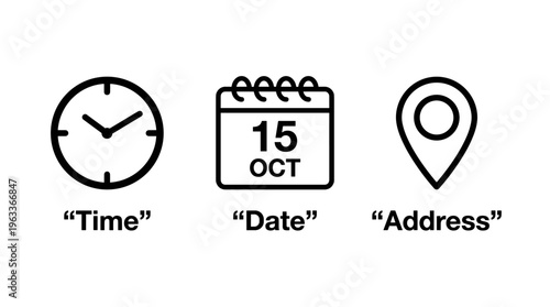 Time, date and address icon. Clock, calendar and location elements for scheduling vector illustration. Useful date and address details for navigation symbol. Clean minimal layout for interface sign.