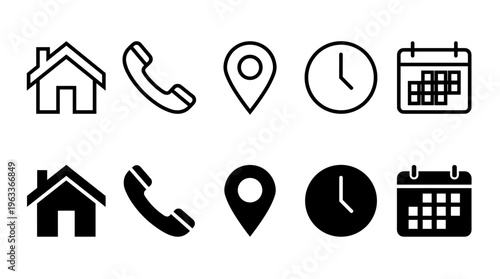 Interface icon set. Phone receiver, home, location pin, clock and calendar elements form a clean contact vector illustration. Navigation and scheduling symbol. Call and visit planning sign.