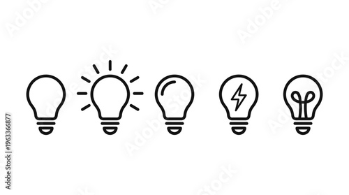 Light bulb icon set showing idea and inspiration concepts. Creative thinking, innovation and solution symbols. Energy and insight pictograms for business concepts, brainstorming and startup visuals.