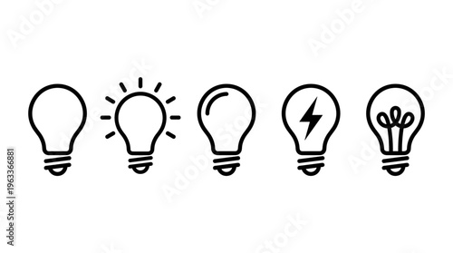 Light bulb icon set showing idea and inspiration concepts. Creative thinking, innovation and solution symbols. Energy and insight pictograms for business concepts, brainstorming and startup visuals.