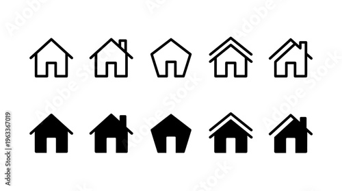 Web home icon set for websites and apps. Simple house symbol. Flat real estate sign. Main page pictogram in filled, thin line, outline and stroke style. Isolated illustration.