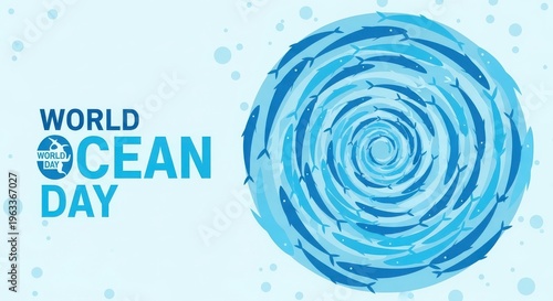 World ocean day vector illustration with a school of fish swimming in a circular vortex pattern on a light blue background with bubbles