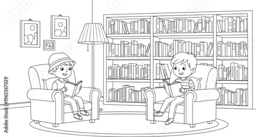 Two children sitting in armchairs reading books in a cozy library room bookshelves