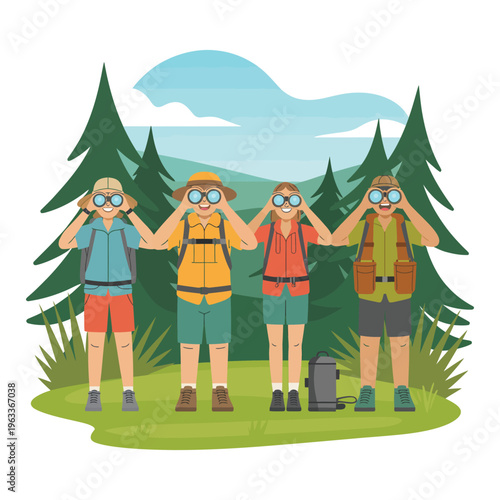 Four friends on a hiking adventure in a forest using binoculars