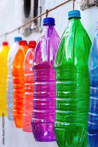 A collection of plastic water bottles hung on a wall, can be used for environmental awareness or recycling campaigns