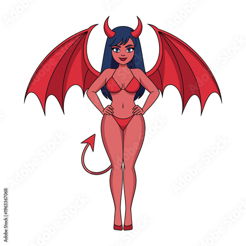 A cartoon devil woman in a red bikini standing confidently