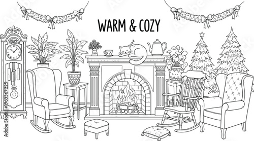 Warm and cozy living room with fireplace christmas trees and furniture