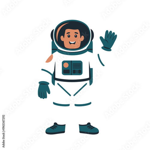 A cartoon astronaut waving in a white spacesuit with a smile